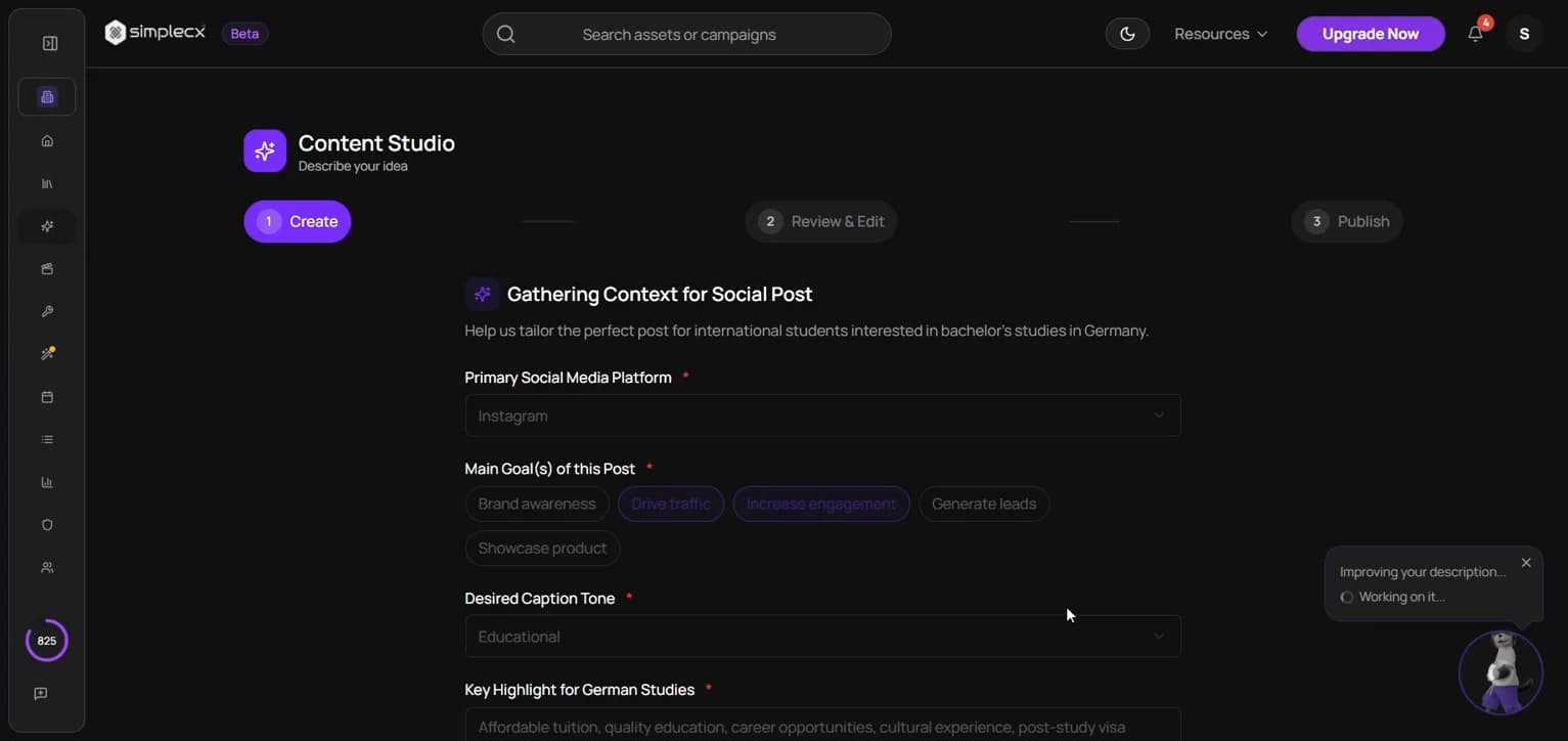 Actual simplecx Content Studio interface with creative brief inputs and generation workflow